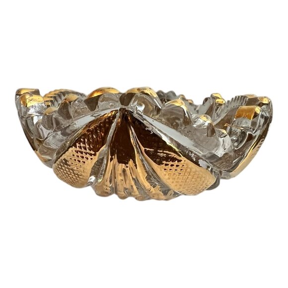 Vintage Clear & Gold Pressed Glass Oval Dish With Intricate Starburst & Geometri - Picture 4 of 10